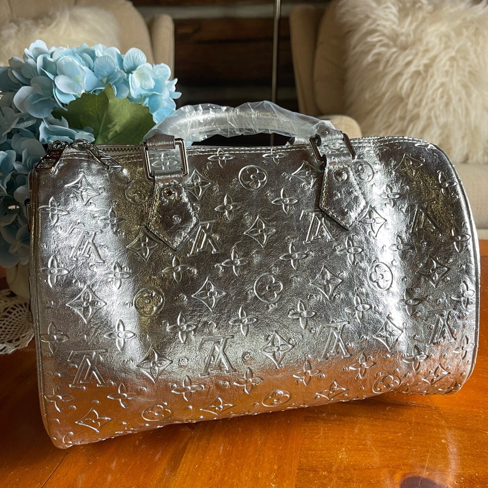 Silver Monogram Handbag faux ostrich print ( must read description)